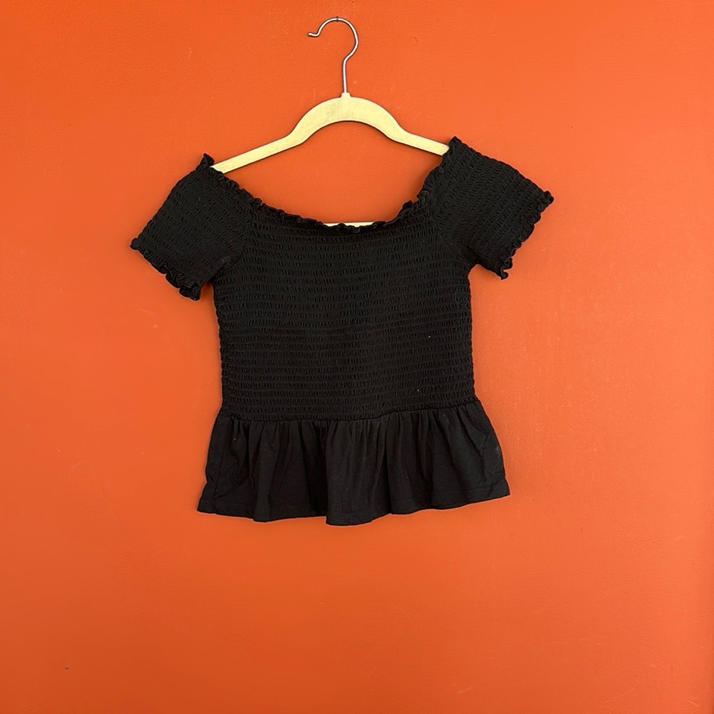 Black Smocked Peplum Blouse